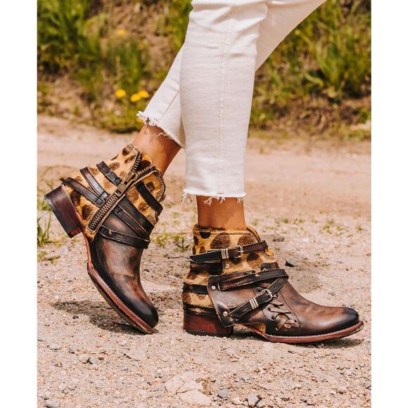 Freebird Shoes - Freebird Belfast Leather Calf Hair Leopard Brown Strappy Buckle Boots Size 8